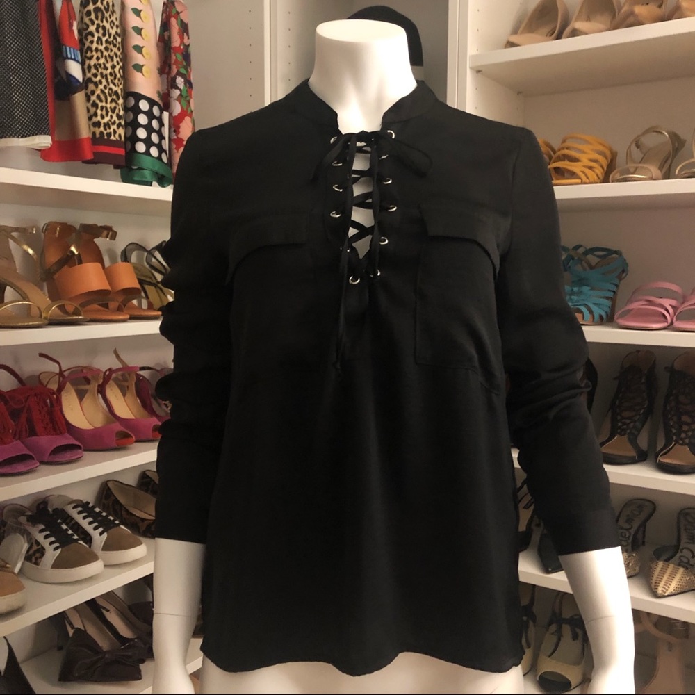 Black Lace Up Double Pocket Long Sleeve Top